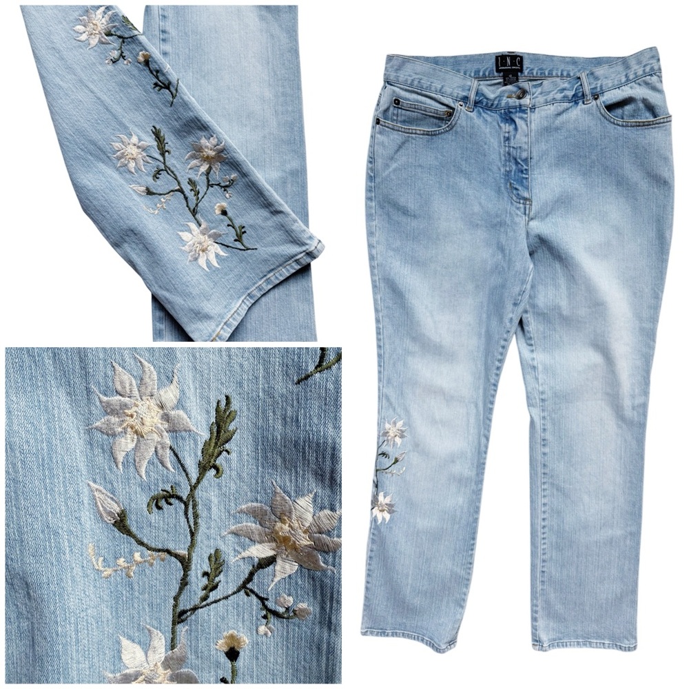 INC International Concepts Embroidered Jeans Light Wash Denim Mid Rise Size 12